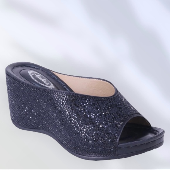 Italina Black Rhinestone Embellished Wedge Heeled Padded Slide Sandals - Picture 3 of 12